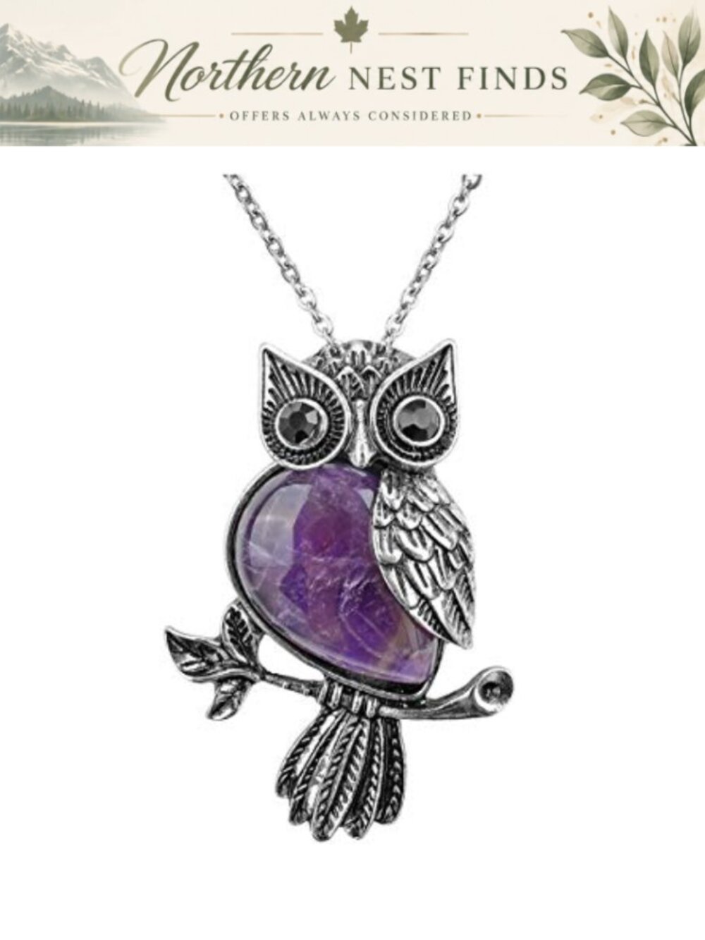 Owl Necklace Natural Amethyst Rose Quartz Healing Crystal Pendant 24in Reiki